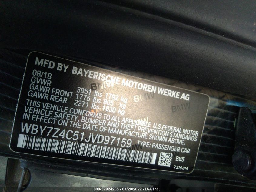 2018 BMW I3 WBY7Z4C51JVD97159