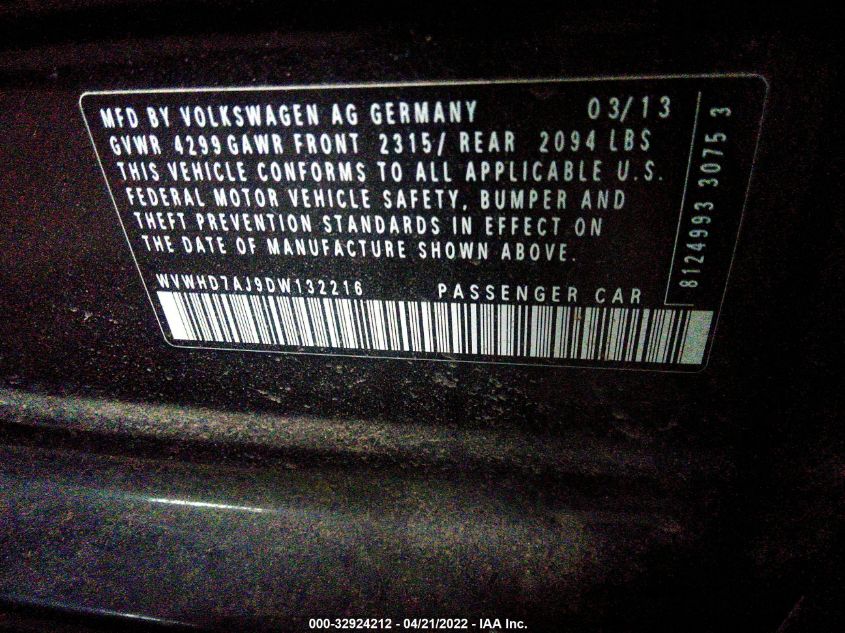 2013 VOLKSWAGEN GTI WVWHD7AJ9DW132216