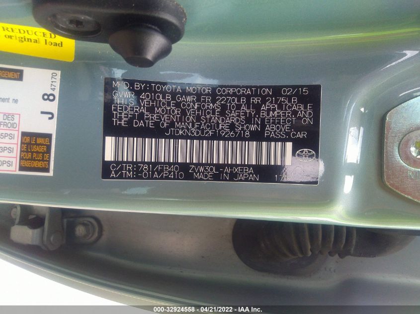 2015 TOYOTA PRIUS FOUR JTDKN3DU2F1926718