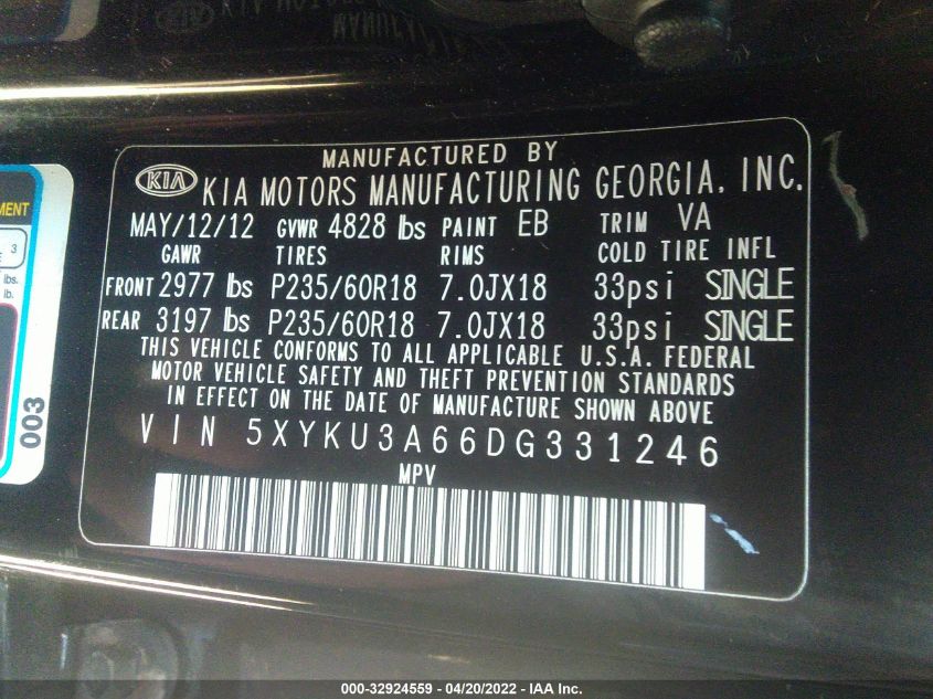 2013 KIA SORENTO EX 5XYKU3A66DG331246