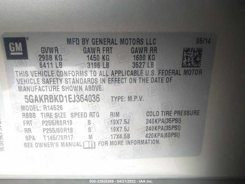 2014 BUICK ENCLAVE LEATHER 5GAKRBKD1EJ364036