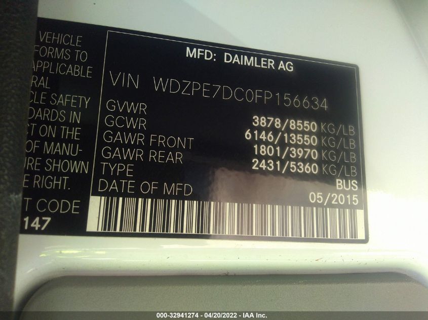 2015 MERCEDES-BENZ SPRINTER 2500 WDZPE7DCOFP156634