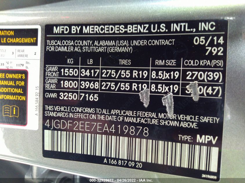 2014 MERCEDES-BENZ GL-CLASS GL 350 BLUETEC 4JGDF2EE7EA419878