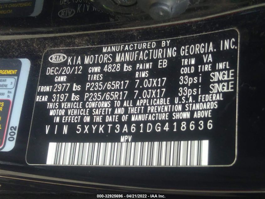 2013 KIA SORENTO LX 5XYKT3A61DG418636