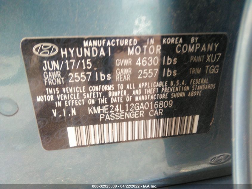 2016 HYUNDAI SONATA HYBRID SE KMHE24L12GA016809