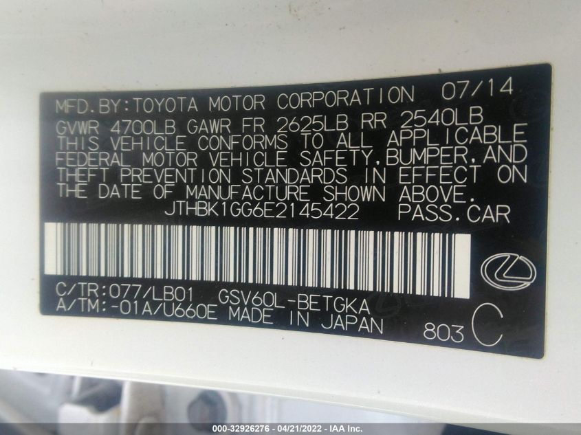 2014 LEXUS ES 350 JTHBK1GG6E2145422
