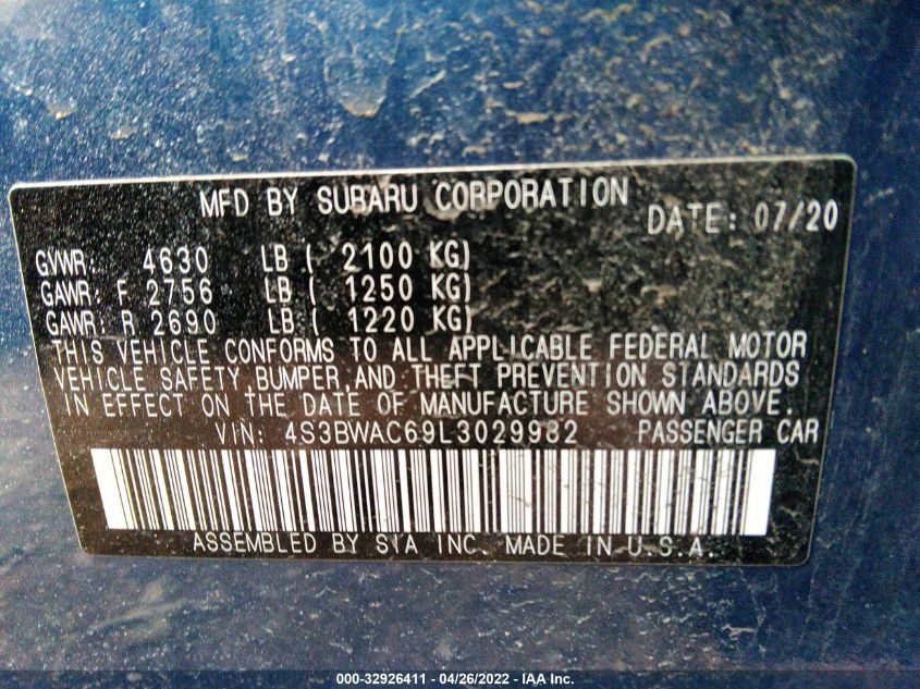 2020 SUBARU LEGACY PREMIUM 4S3BWAC69L3029982