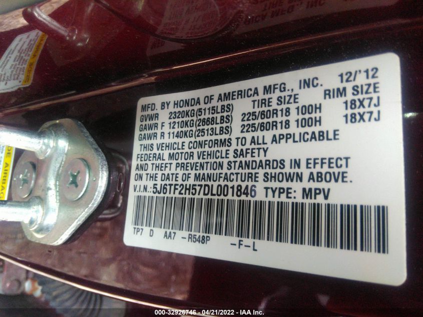 2013 HONDA CROSSTOUR EX-L 5J6TF2H57DL001846