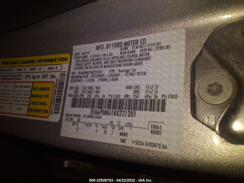 2019 FORD FUSION HYBRID SEL 3FA6P0MU1KR221201