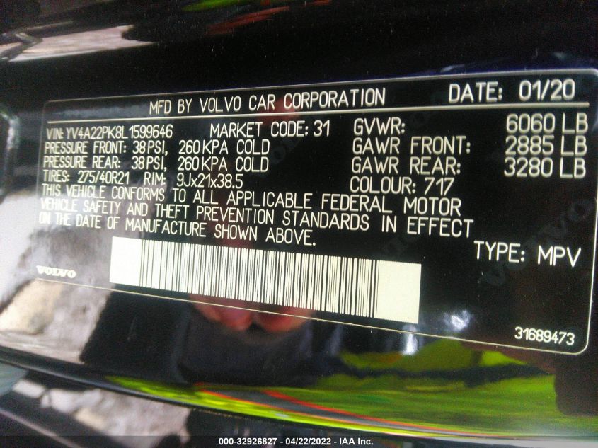 2020 VOLVO XC90 MOMENTUM YV4A22PK8L1599646