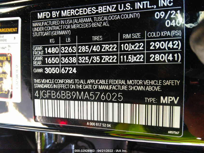 2021 MERCEDES-BENZ GLE AMG GLE 53 4JGFB6BB9MA576025