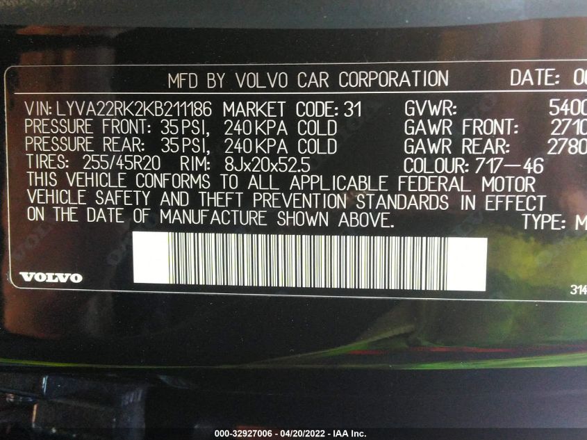 2019 VOLVO XC60 MOMENTUM LYVA22RK2KB211186