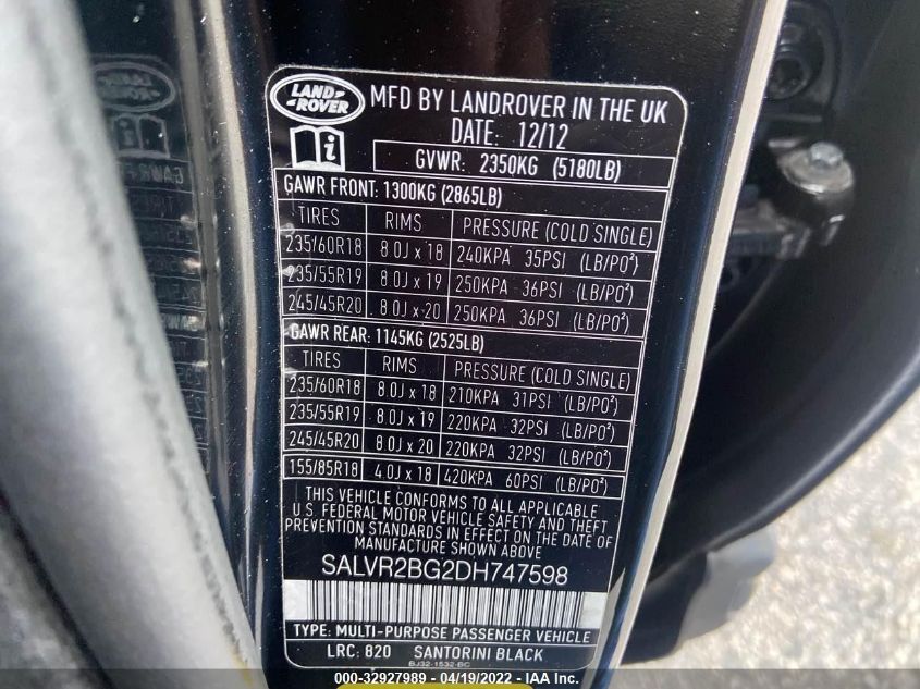 2013 LAND ROVER RANGE ROVER EVOQUE PURE PREMIUM SALVR2BG2DH747598