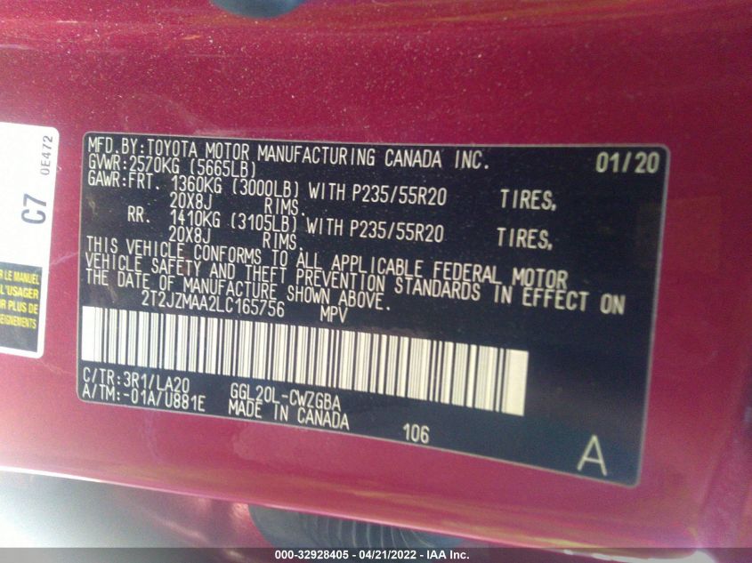 2020 LEXUS RX RX 350 2T2JZMAA2LC165756