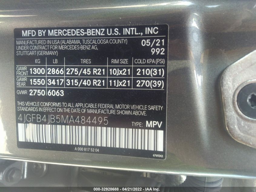 2021 MERCEDES-BENZ GLE GLE 350 4JGFB4JB5MA484495