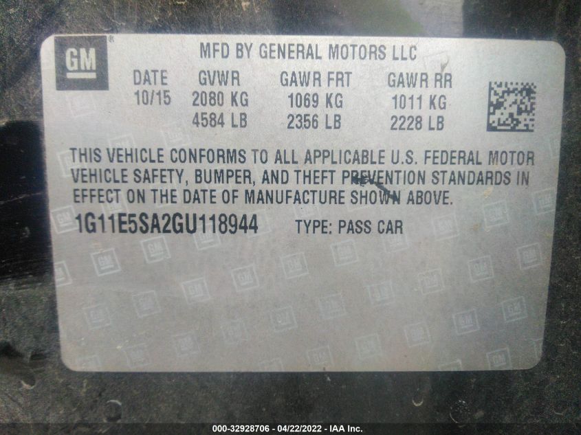 2016 CHEVROLET MALIBU LIMITED LTZ 1G11E5SA2GU118944