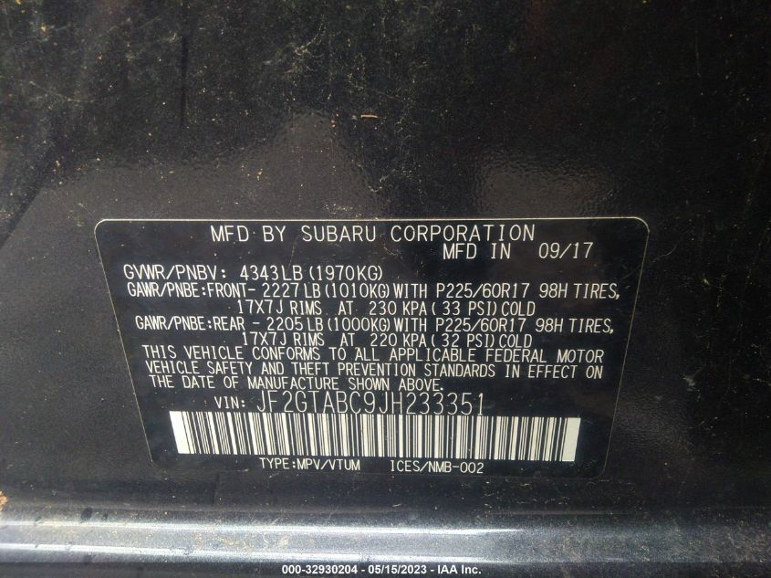 2018 SUBARU CROSSTREK PREMIUM - JF2GTABC9JH233351