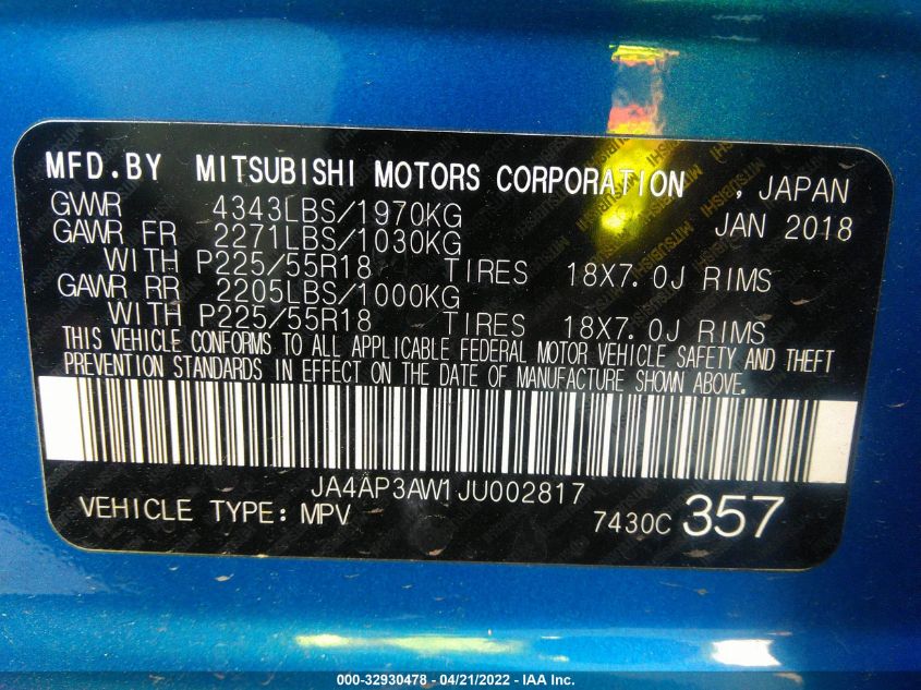 2018 MITSUBISHI OUTLANDER SPORT SE 2.4 JA4AP3AW1JU002817