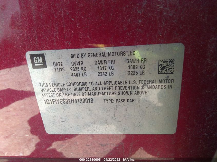 2017 CHEVROLET BOLT EV LT 1G1FW6S02H4130013