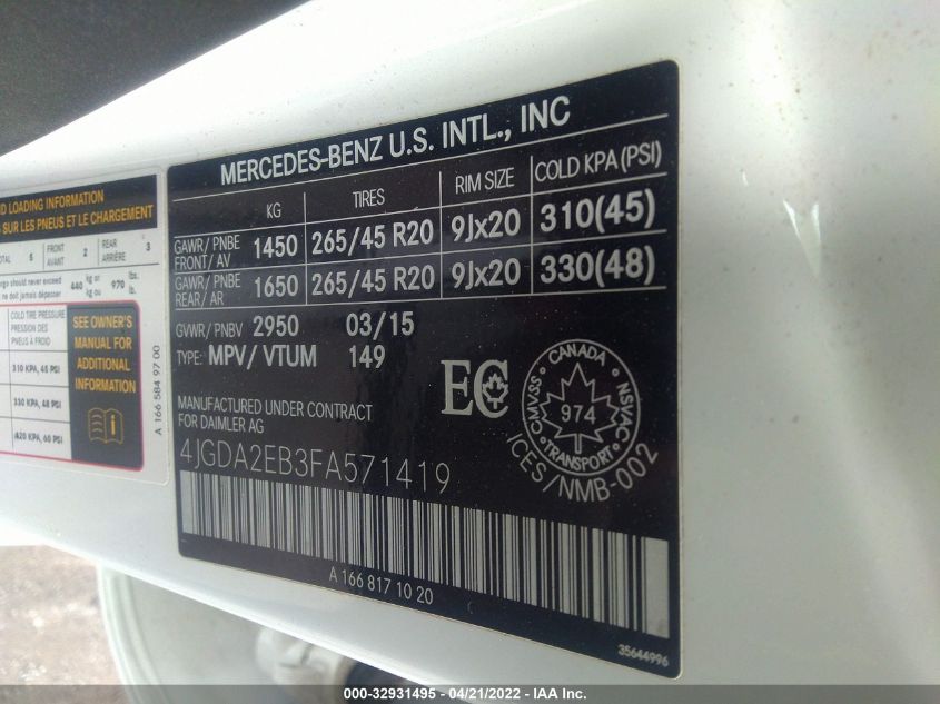 2015 MERCEDES-BENZ M-CLASS ML 350 BLUETEC 4JGDA2EB3FA571419