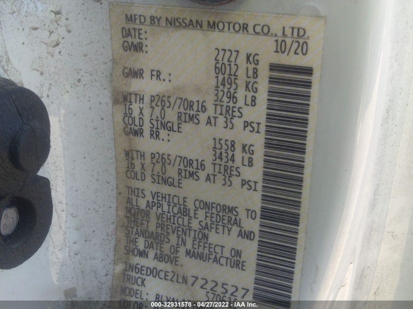 2020 NISSAN FRONTIER S 1N6ED0CE2LN722527