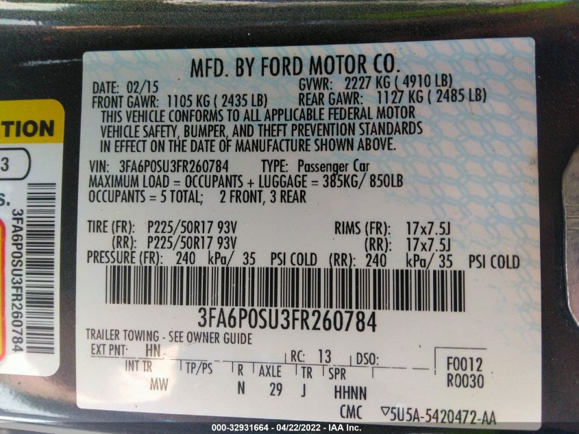 2015 FORD FUSION ENERGI TITANIUM 3FA6P0SU3FR260784