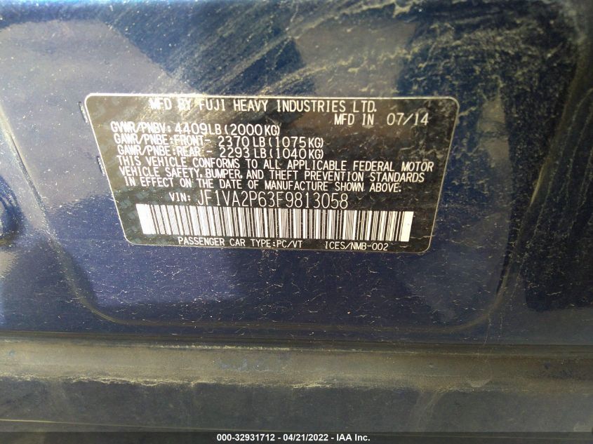 2015 SUBARU WRX STI JF1VA2P63F9813058