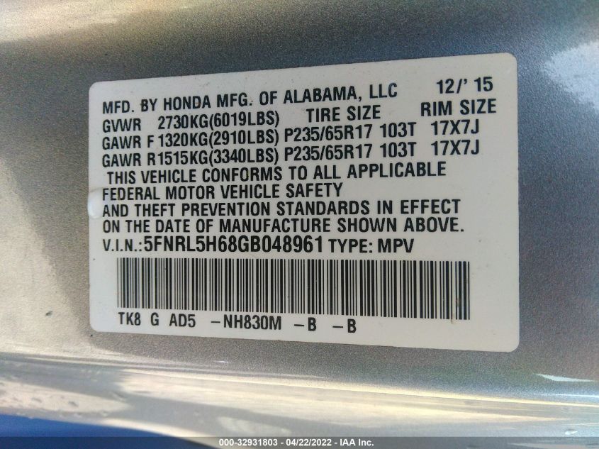 2016 HONDA ODYSSEY EX-L 5FNRL5H68GB048961