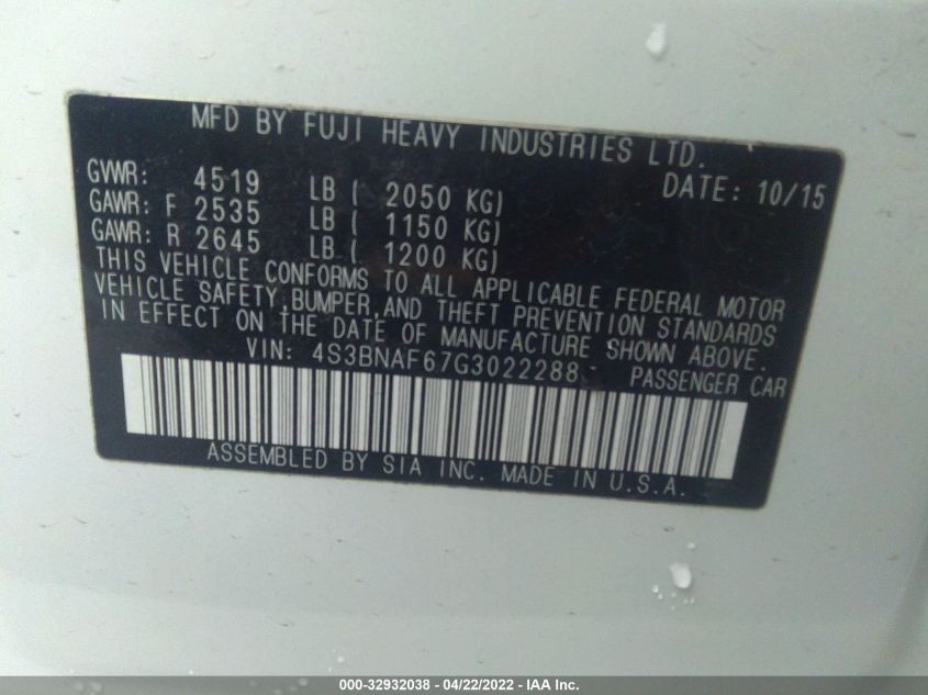 2016 SUBARU LEGACY 2.5I PREMIUM 4S3BNAF67G3022288