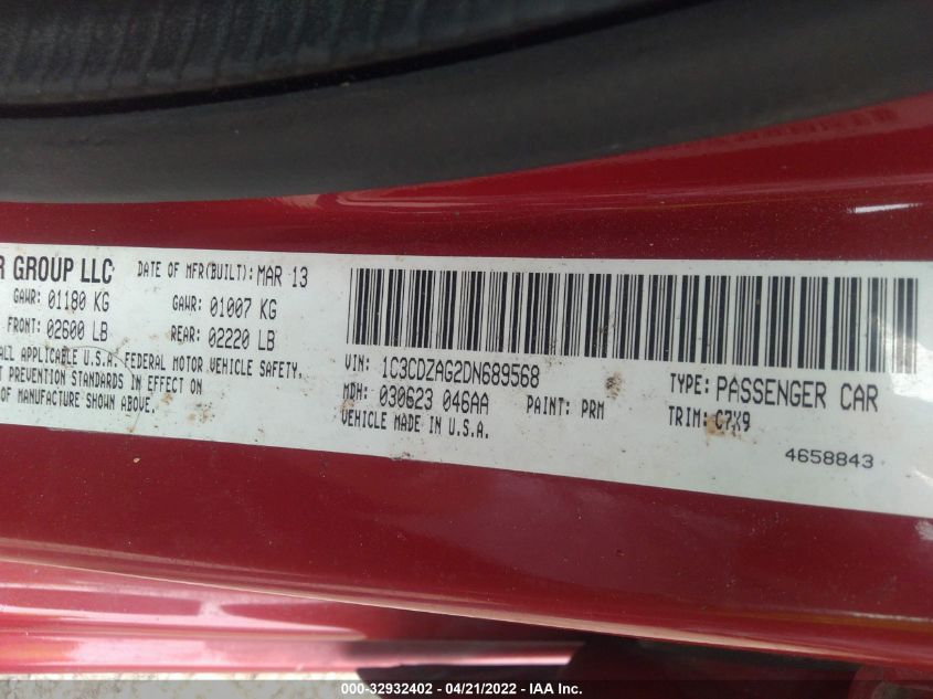 2013 DODGE AVENGER SE V6 1C3CDZAG2DN689568