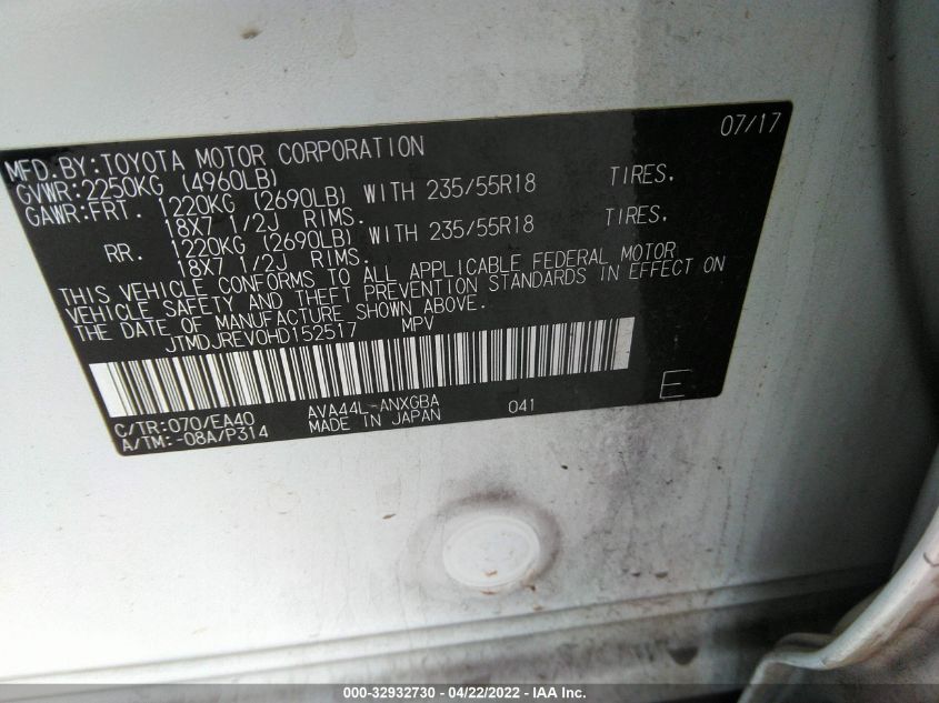 2017 TOYOTA RAV4 HYBRID LIMITED JTMDJREV0HD152517