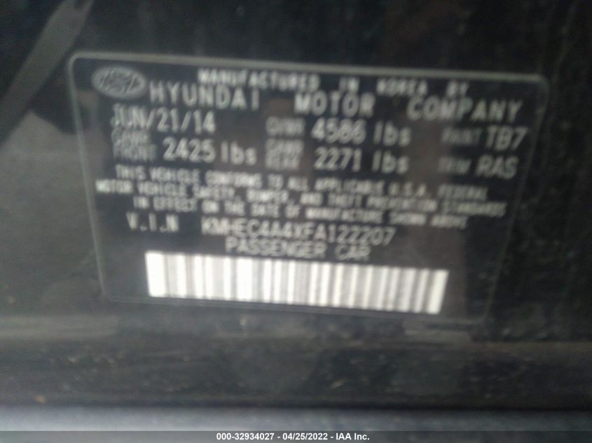 2015 HYUNDAI SONATA HYBRID KMHEC4A4XFA122207