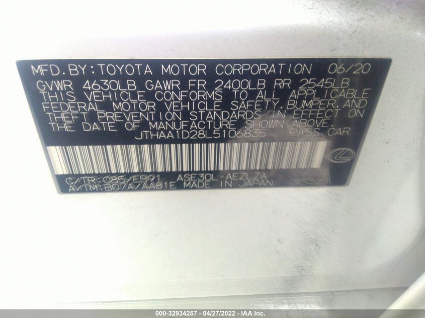 2020 LEXUS IS IS 300 JTHAA1D28L5106835