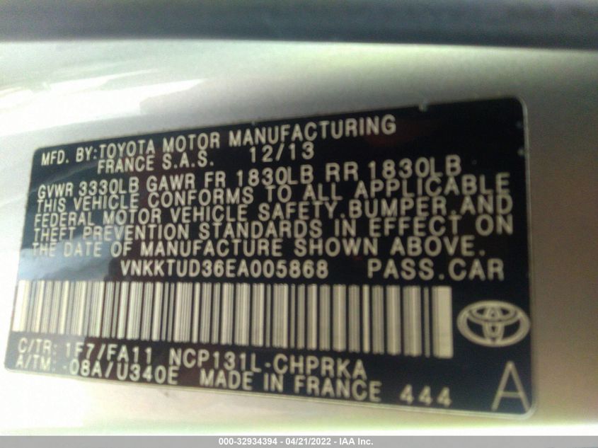 2014 TOYOTA YARIS L/LE VNKKTUD36EA005868