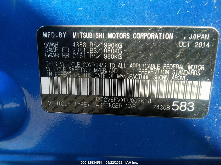 2015 MITSUBISHI LANCER RALLIART JA32V6FVXFU007618