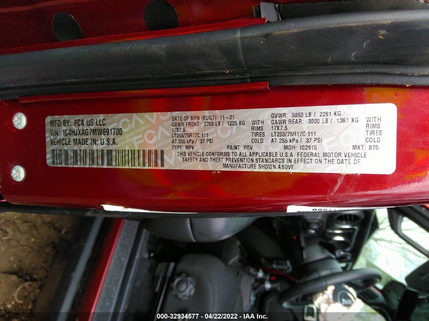 2021 JEEP WRANGLER WILLYS 1C4HJXAG7MW691700
