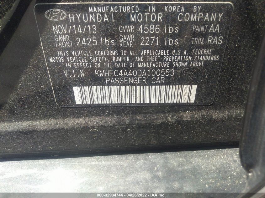 2013 HYUNDAI SONATA HYBRID LIMITED KMHEC4A40DA100553