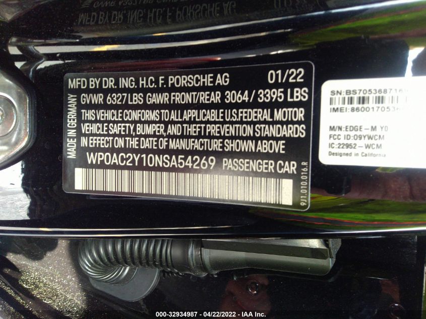 2022 PORSCHE TAYCAN TURBO WP0AC2Y10NSA54269