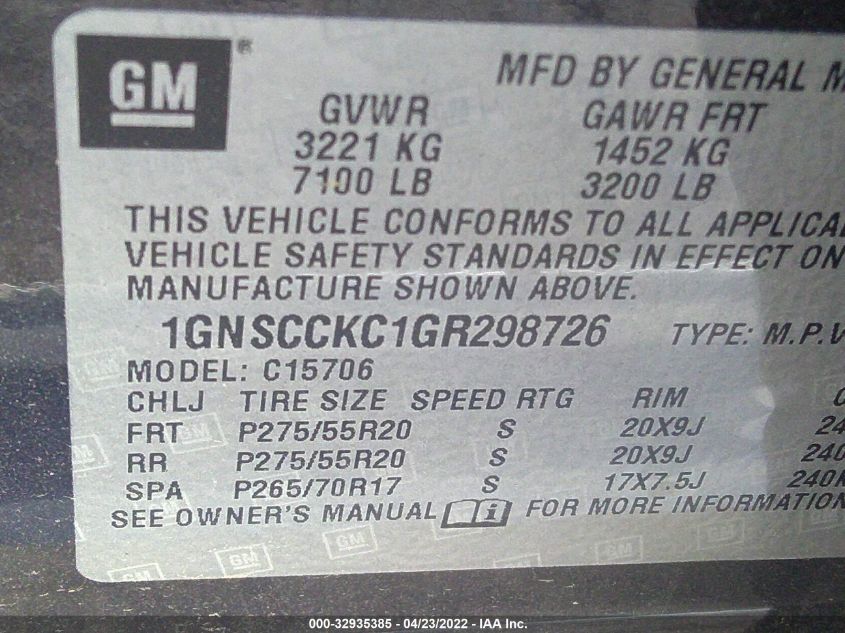 2016 CHEVROLET TAHOE LTZ 1GNSCCKC1GR298726