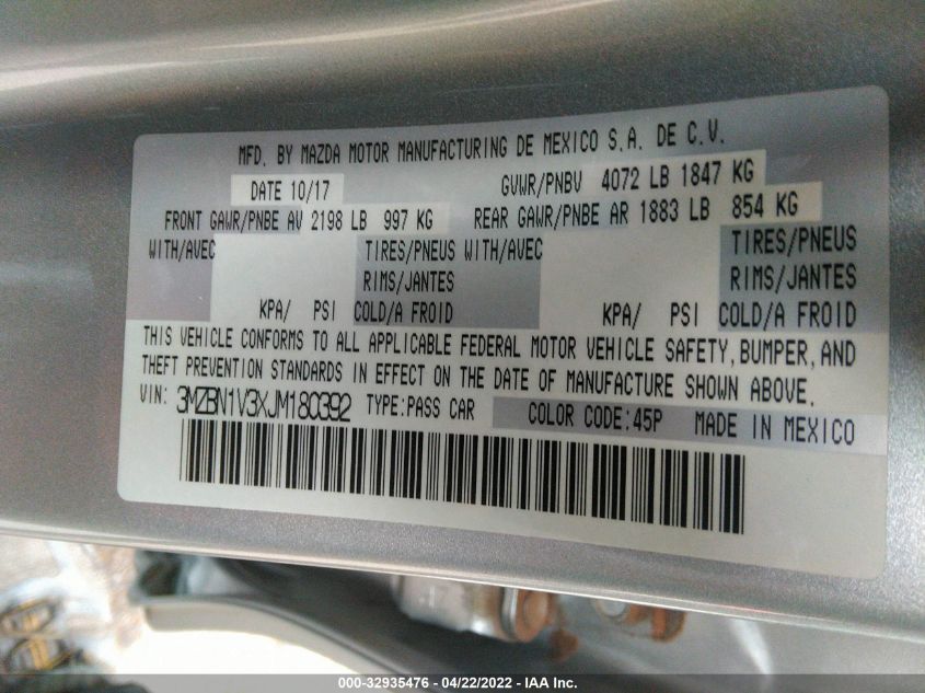 2018 MAZDA MAZDA3 4-DOOR TOURING 3MZBN1V3XJM180392