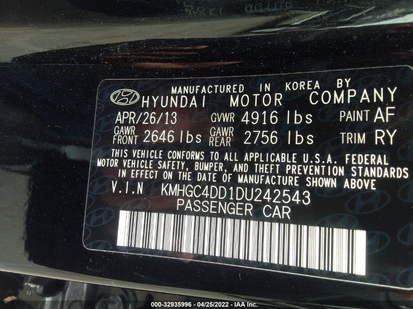 2013 HYUNDAI GENESIS 3.8L KMHGC4DD1DU242543