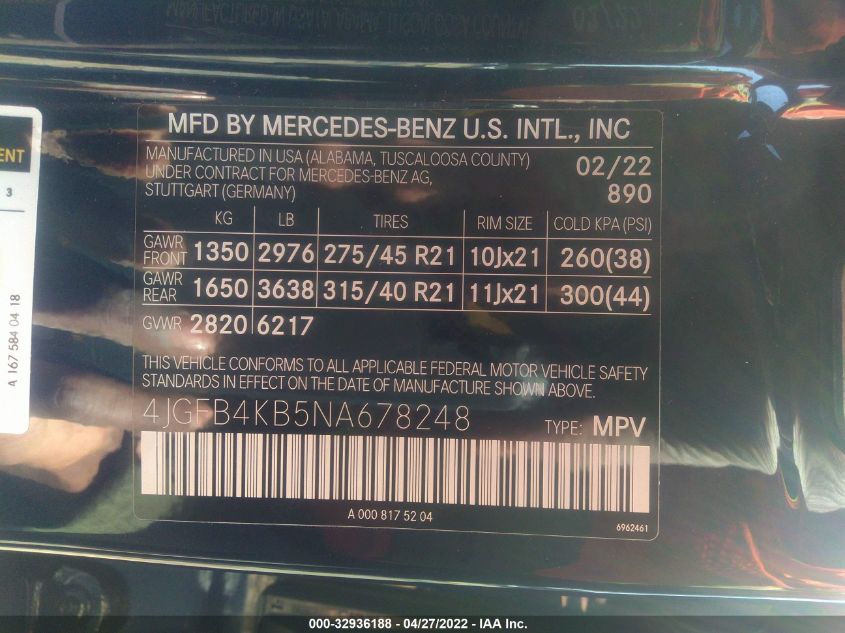 2022 MERCEDES-BENZ GLE GLE 350 4JGFB4KB5NA678248