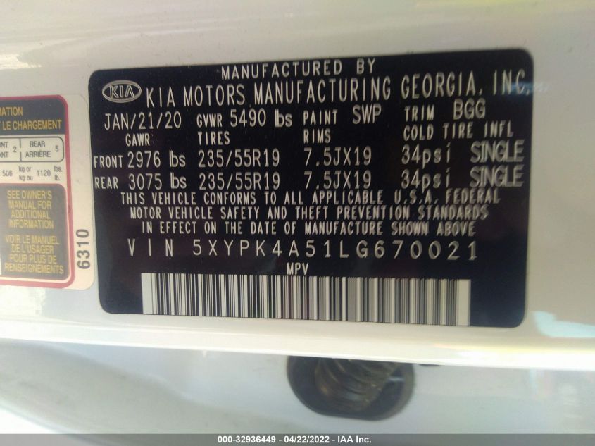 2020 KIA SORENTO SX V6 5XYPK4A51LG670021