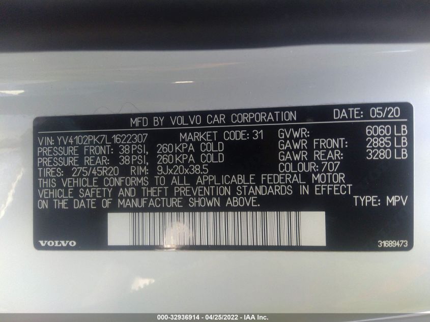 2020 VOLVO XC90 MOMENTUM YV4102PK7L1622307