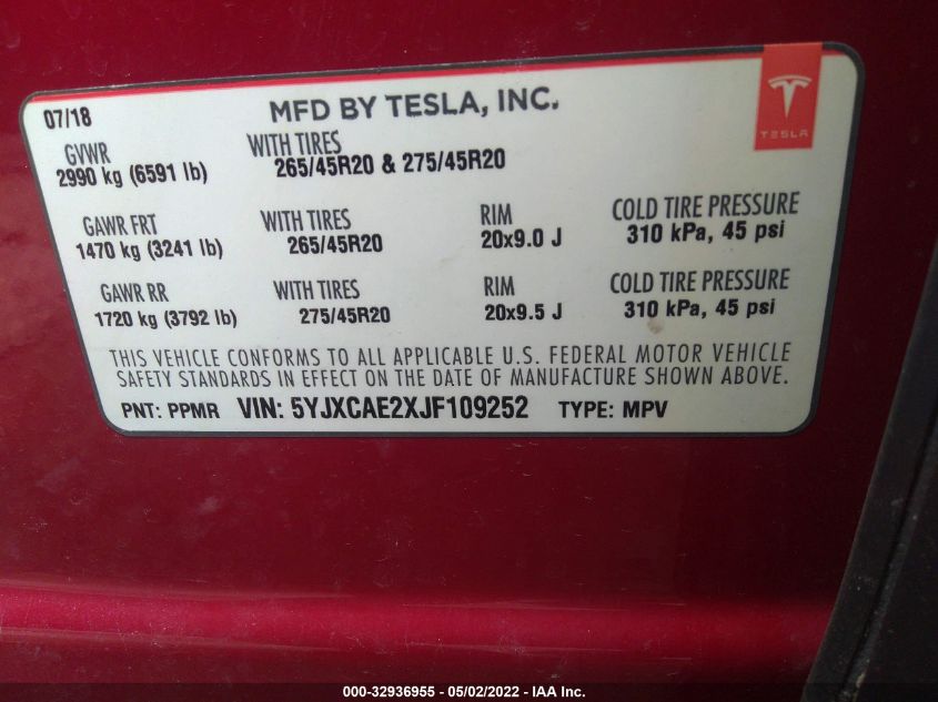 2018 TESLA MODEL X 75D 5YJXCAE2XJF109252