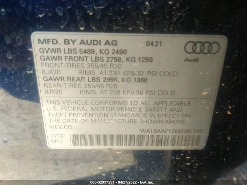 2021 AUDI Q5 PREMIUM PLUS WA1BAAFY2M2091592