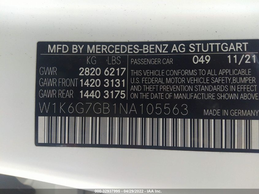 2022 MERCEDES-BENZ S-CLASS S 580 W1K6G7GB1NA105563