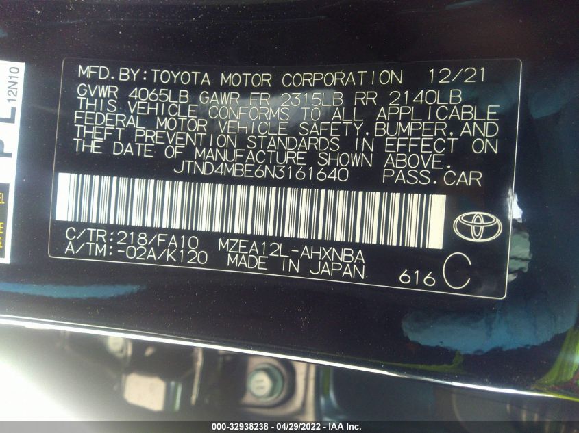 2022 TOYOTA COROLLA HATCHBACK SE JTND4MBE6N3161640