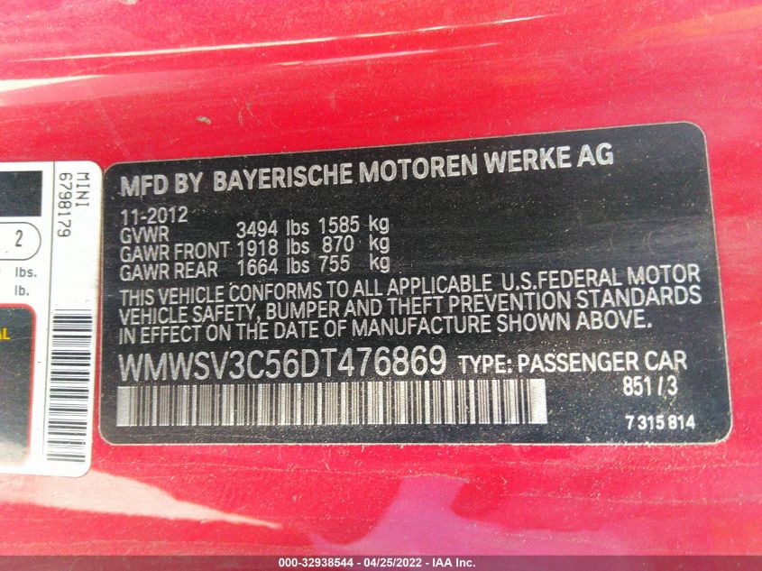 2013 MINI COOPER HARDTOP S WMWSV3C56DT476869