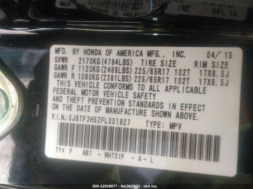 2015 HONDA CROSSTOUR EX-L 5J6TF3H52FL001827